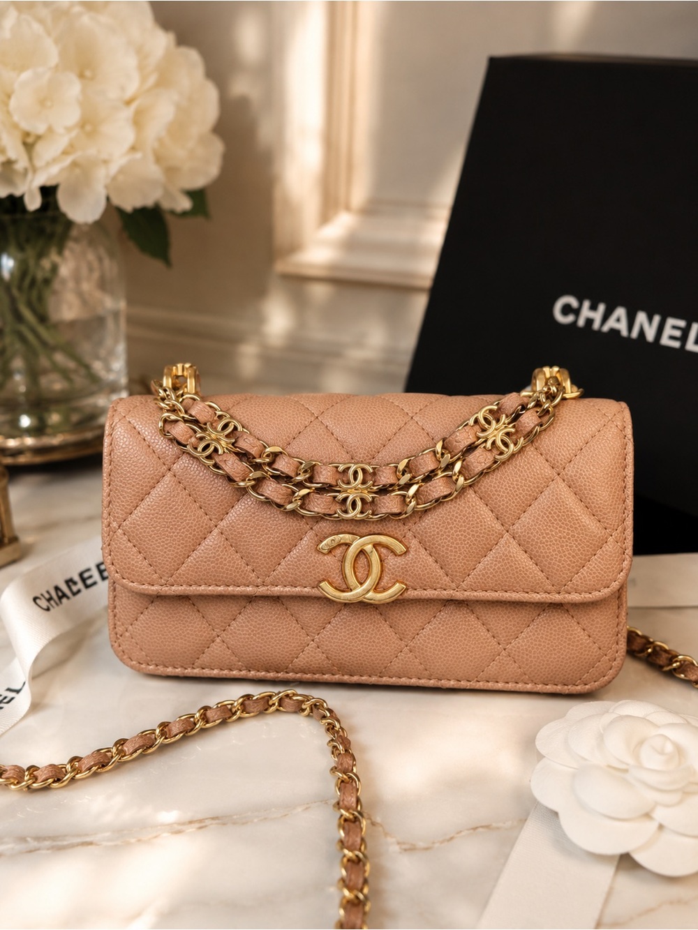 Chanel Coco First Phone Holder Dark Beige Caviar Gold Hardware 22K - Picture 3 of 12